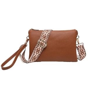 Jen & Co Izzy Crossbody Wristlet Brown Purse With Aztec Guitar Strap Medium Size
